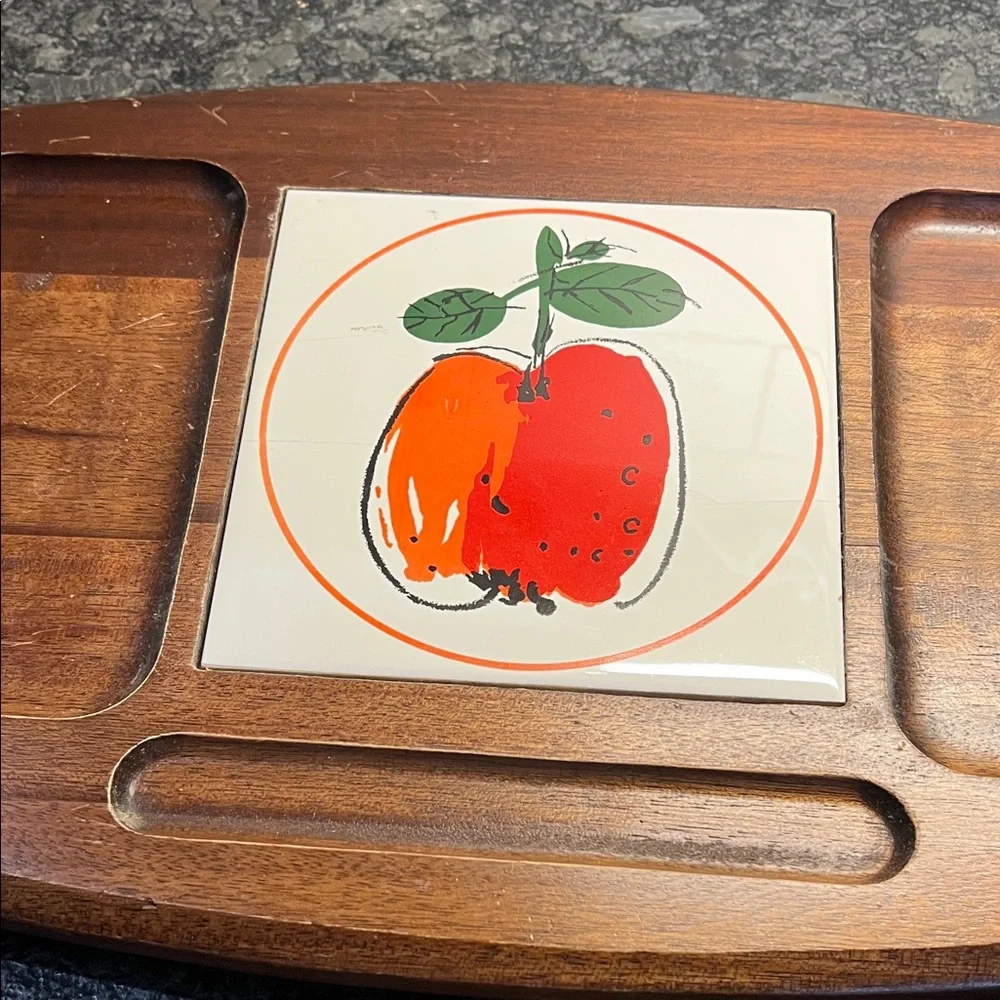 Vintage 16X11 Wooden Cheese board Serving Tray with Fruit Design Tile